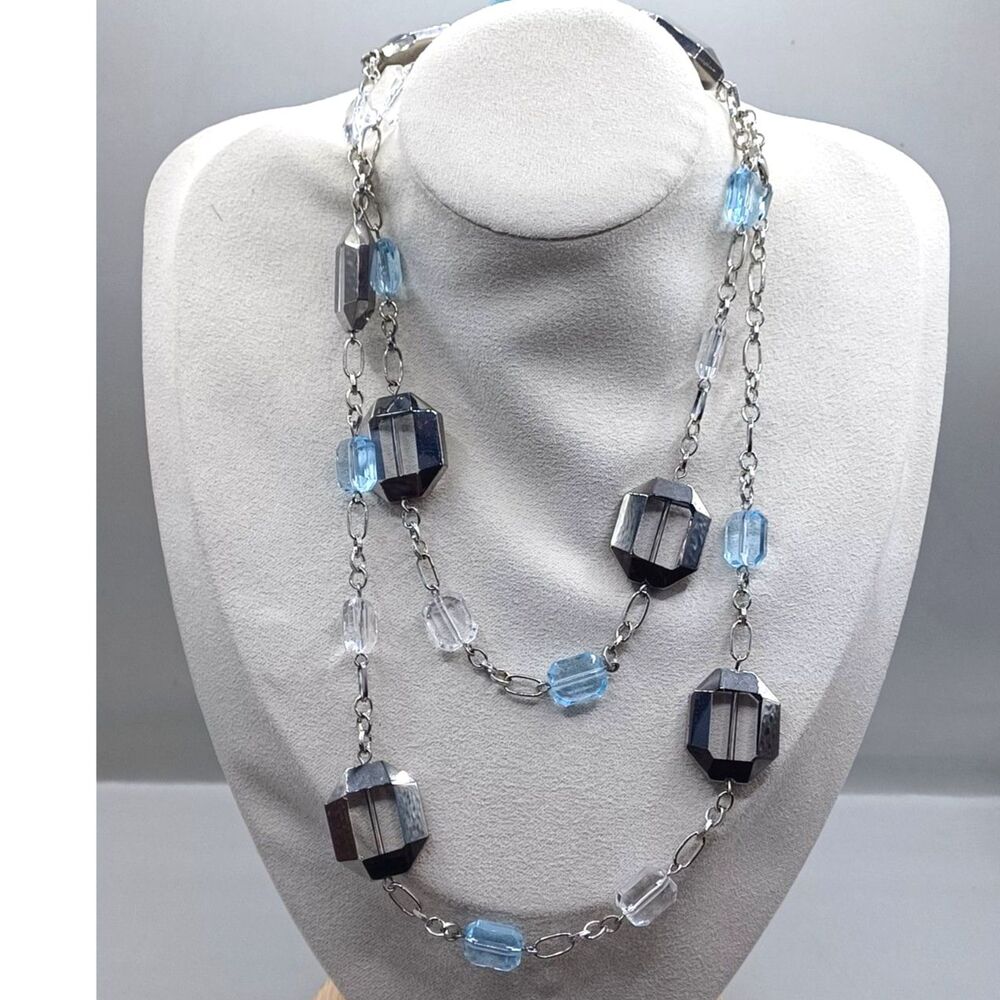 Vintage NWT Designer ARDEN B Silver Tone Glass & Blue Resin Bead Summer Necklace
